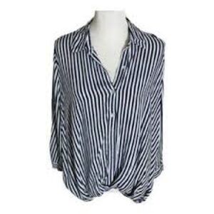 JustLiving Women’s Lightweight Front Knot Shirt: Size M Nautical Blue Striped